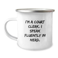Load image into Gallery viewer, Funny Court Clerk Gifts - 'I Speak Fluently In genius' Christmas Camping Mug for Court Clerks - Fun Mug for Men or Women Coworkers from Family - Image 1