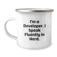 Load image into Gallery viewer, Funny Developer Gifts from Friends - I'm A Developer. I Speak Fluently In genius. 12 oz Stainless Steel Camping Mug for Men Women Coworkers Family Graduation Unique Gifts - Image 1