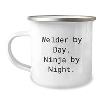 Load image into Gallery viewer, Funny Welder Camping Mug Gifts from Friends for Christmas - 'Welder By Day. Ninja By Night.' - Image 1