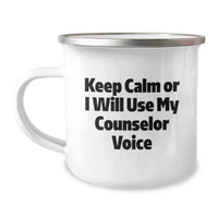 Load image into Gallery viewer, Counselor Gifts from Friends, Funny Camping Mug for Graduation, &#39;Keep Calm Or I Will Use My Counselor Voice&#39; Stainless Steel Mug, 12 oz Capacity - Image 1
