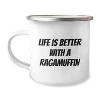 Load image into Gallery viewer, Unique Gifts from Friends for the Birthday of a Ragamuffin Cat Enthusiast, Funny Camping Mug with Life Is Better With A Ragamuffin Quote, Stainless Steel Enamel Finish - Image 1