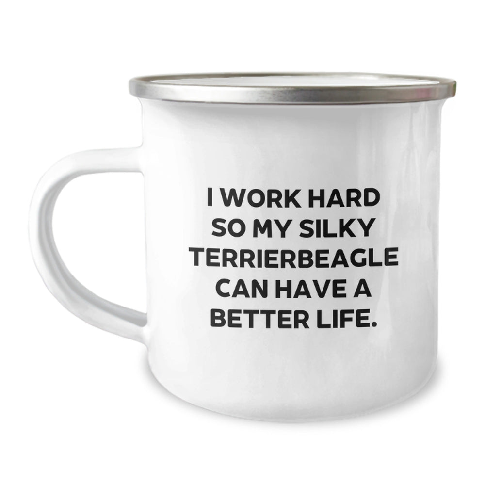 Funny Silky Terrier Dog Lovers Gifts from Friends to Family - I Work Hard Mugs for Birthday Celebrations, 12 oz Camping Mug - Image 1