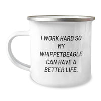 Load image into Gallery viewer, Whippet Dog Lover&#39;s Camping Mug, Funny Gift for Friends, &#39;I Work Hard So My Whippet Can Have A Better Life.&#39;, 12 oz Stainless Steel with Enamel Finish - Image 1
