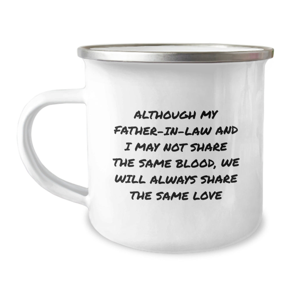 Funny Father-in-law Christmas Camping Mug - Gifts from Family for Father-in-law - 'Although My Father-in-law And I May Not Share The Same Blood' - Image 1