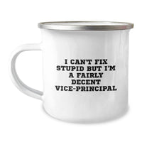 Load image into Gallery viewer, Funny Vice-principal Gifts, Unique Christmas Unique Gifts for Vice-principal from Friends or Coworkers - &#39;I Can&#39;t Fix Stupid But I&#39;m A Fairly Decent Vice-principal&#39; Vice-principal Camping Mug - Image 1
