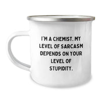 Load image into Gallery viewer, Gifts from Chemists to Friends - Funny Valentine's Camping Mug - Sarcasm Level Depends on Your Level of Stupidity - Image 1
