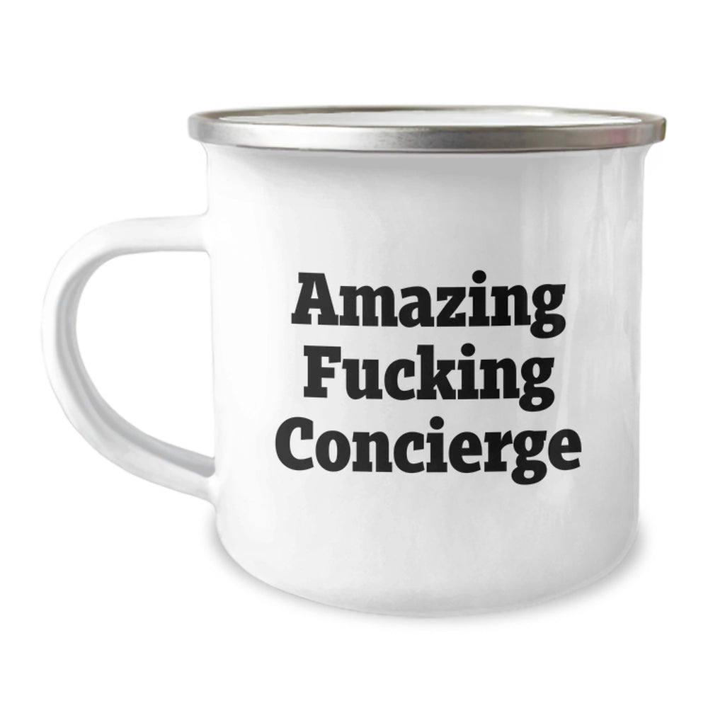 Concierge Camping Mug Funny Gift from Friends for Birthday, Amazing Quote, 12 oz Stainless Steel with Enamel Finish, Perfect for Outdoor Lovers - Image 1