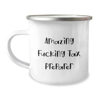 Load image into Gallery viewer, Funny Tax Preparer Gifts from Friends for Men, Women, or Anyone, Amazing Camping Mug Birthday Unique Gifts, &#39;Amazing F--king Tax Preparer&#39; Quote, 12 oz Stainless Steel with Enamel Finish - Image 1
