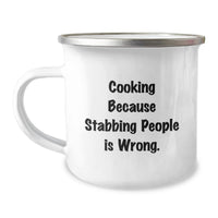 Load image into Gallery viewer, Funny Cooking Gifts for the Grad - 'Cooking Because Stabbing People Is Wrong.' 12 oz Enamel Camping Mug - Image 1