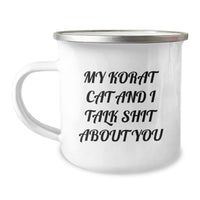 Load image into Gallery viewer, Korat Cat Lovers Gifts from Friends for Graduation Unique Funny Mugs, Camping Mug with Korat Cat and I Talk Shit About You Quote, 12 oz Stainless Steel Enamel Finish - Image 1
