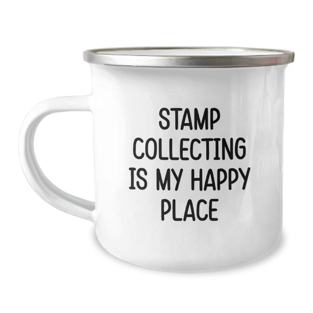 Stamp Collecting Gifts from Friends and Family - 'Stamp Collecting Is My Happy Place' Camping Mug for Graduation - Image 1