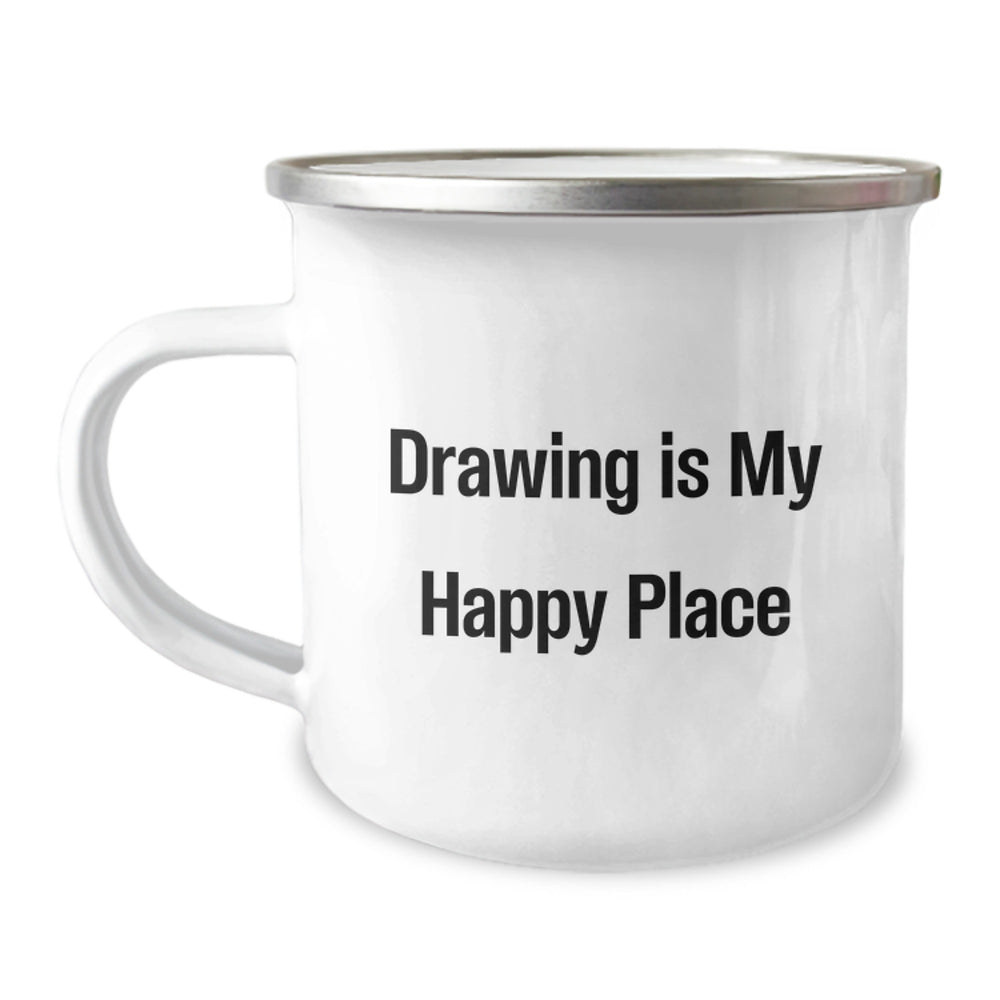 Funny Drawing Gifts from Friends to Family, 'Drawing Is My Happy Place' Inspirational Camping Mug for Graduation - Image 1