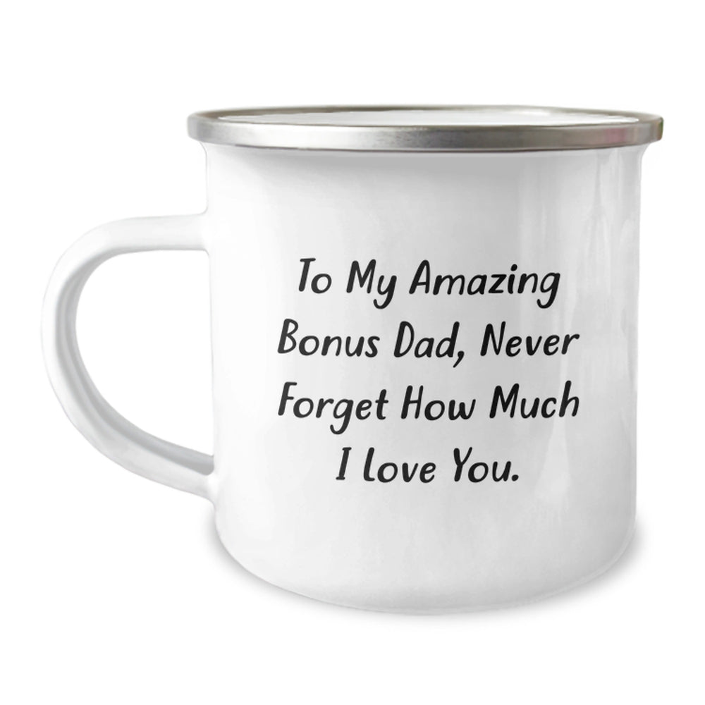 Funny Christmas Unique Gifts for Bonus Dad, Unique Camping Mug with Inspirational Quote, Gifts from Family to Bonus Dad - Image 1