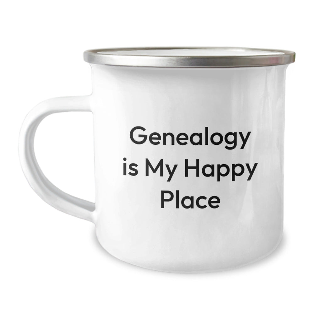 Genealogy Enthusiast Gifts from Family, Camping Mug for Men and Women, 'Genealogy Is My Happy Place' Quote, Unique Graduation Gifts - Image 1