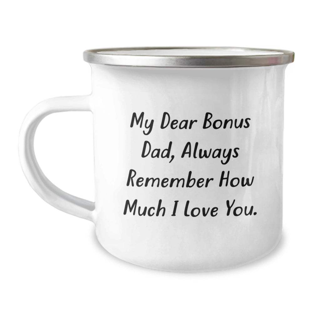 Funny Bonus Dad Gifts for Christmas - 'My Dear Bonus Dad' Camping Mug, Gifts from Family to Men, 12 oz Stainless Steel - Image 1