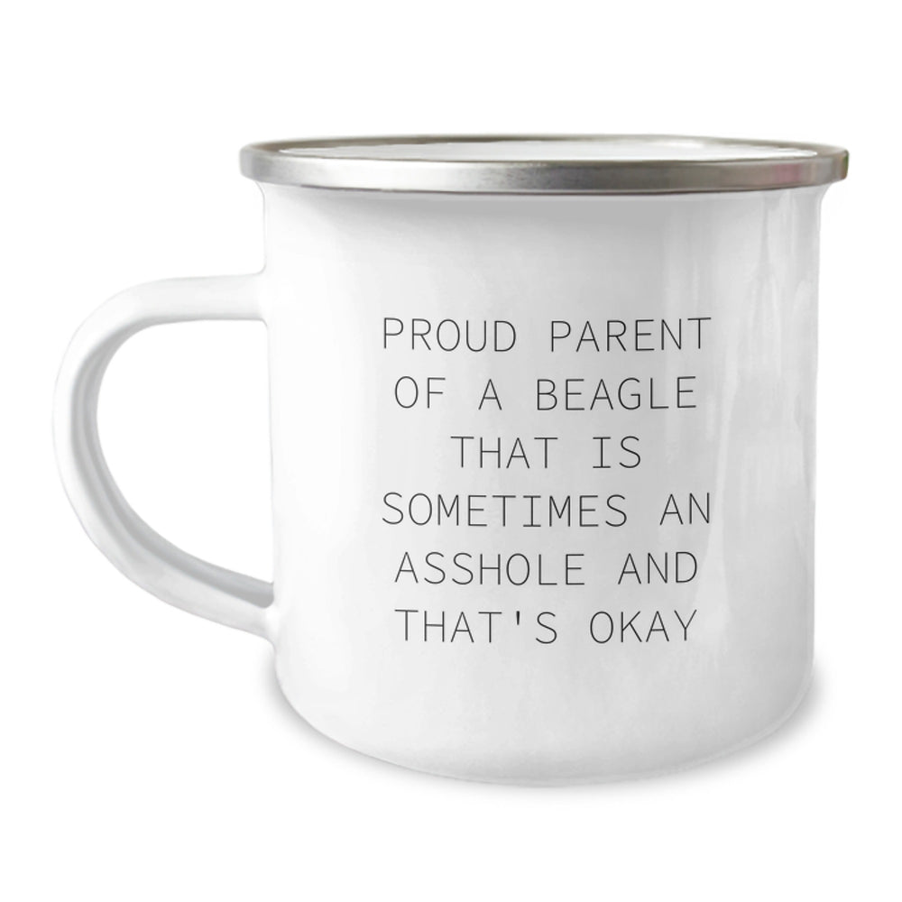 Funny Beagle Dog Camping Mug Gifts from Friends for Graduation, Proud Parent Quote - 12 oz Stainless Steel with Enamel Finish - Image 1