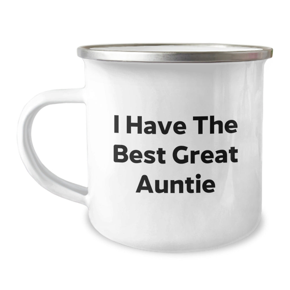 Funny Auntie Gifts from Family for Her Graduation, I Have The Best Great Auntie Camping Mug, Enamel Finish, 12 oz - Image 1