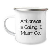 Load image into Gallery viewer, Funny Arkansas Gifts for Men - 'Arkansas Is Calling. I Must Go' Camping Mug, Birthday Unique Gifts from Friends to Family, 12 oz Stainless Steel - Image 1