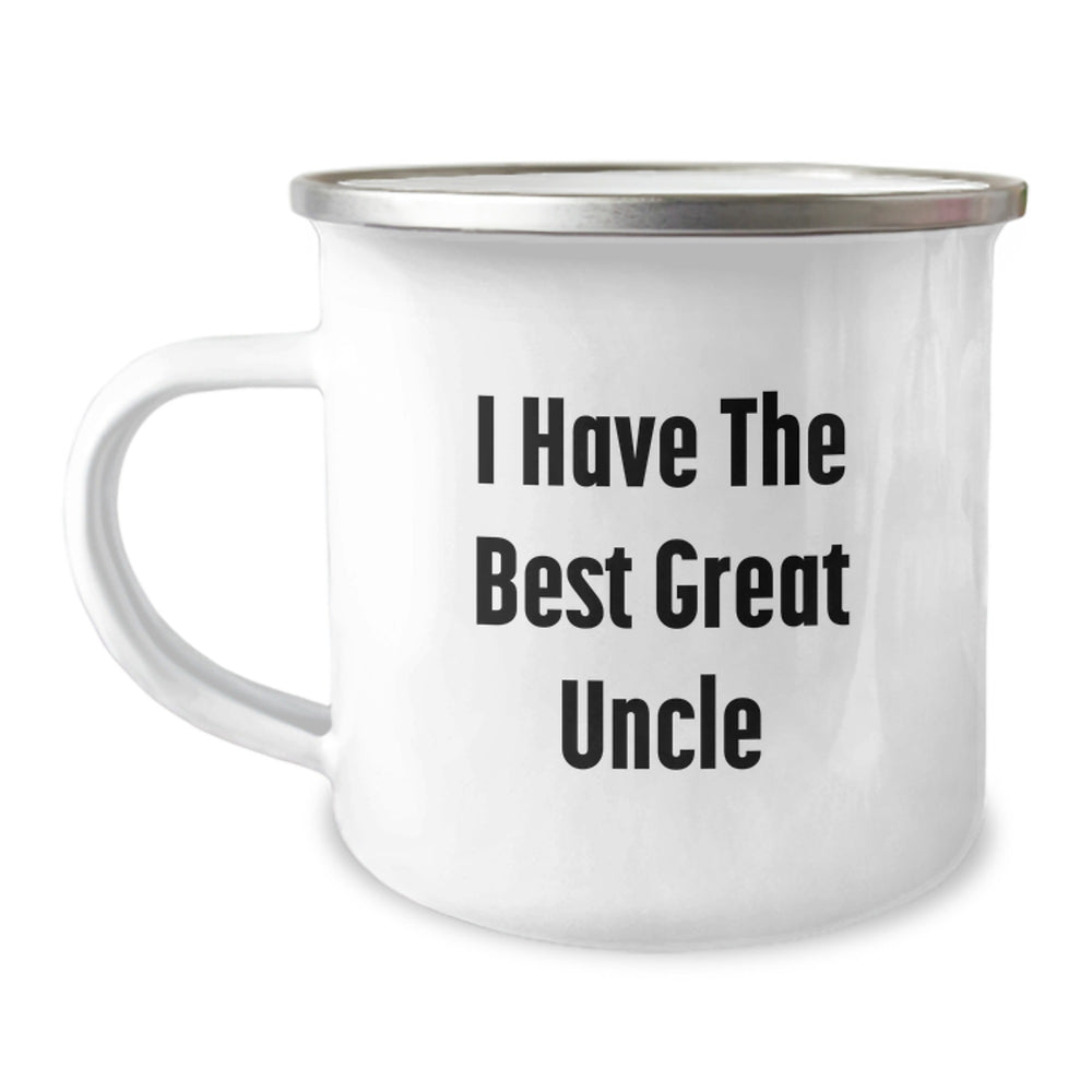 Funny Uncle Camping Mug, I Have The Best Great Uncle, Gifts from Family for Uncle's Graduation, 12 oz Stainless Steel with Enamel Finish - Image 1