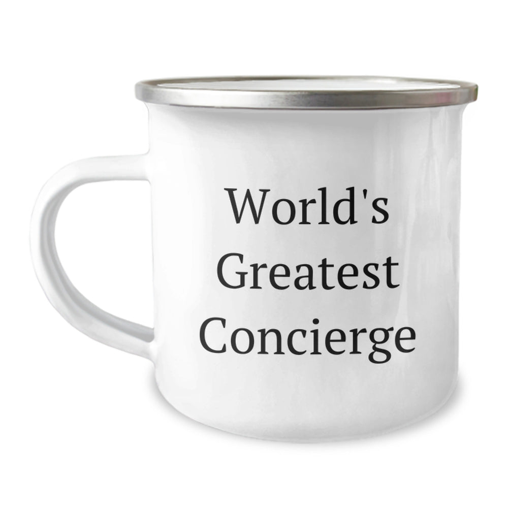 Concierge Gifts from Friends for World's Greatest Concierge Graduation Unique Gifts, Funny Camping Mug, 12 oz Stainless Steel with Enamel Finish, Permanent Printing - Image 1