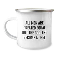 Load image into Gallery viewer, Funny Chef Gifts for Men - &#39;All Men Are Created Equal But The Coolest Become A Chef&#39; Enamel Camping Mug, 12 oz - Graduation Unique Gifts from Friends to Chef - Image 1

