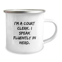 Load image into Gallery viewer, Funny Court Clerk Gifts - 'I Speak Fluently In genius' Christmas Camping Mug for Court Clerks - Fun Mug for Men or Women Coworkers from Family - Image 2