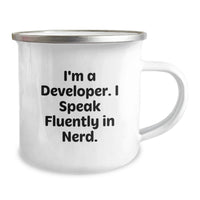 Load image into Gallery viewer, Funny Developer Gifts from Friends - I'm A Developer. I Speak Fluently In genius. 12 oz Stainless Steel Camping Mug for Men Women Coworkers Family Graduation Unique Gifts - Image 2