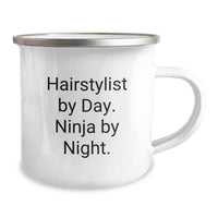 Load image into Gallery viewer, Hairstylist Gifts from Friends, Funny 'Hairstylist By Day. Ninja By Night.' Camping Mug, Perfect for Christmas - Image 2