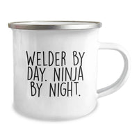 Load image into Gallery viewer, Funny Welder Gifts for Him, Unique Camping Mug by Day, Ninja by Night, Enamel Finish, Perfect for Welders on Christmas - Image 2