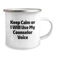 Load image into Gallery viewer, Counselor Gifts from Friends, Funny Camping Mug for Graduation, &#39;Keep Calm Or I Will Use My Counselor Voice&#39; Stainless Steel Mug, 12 oz Capacity - Image 2
