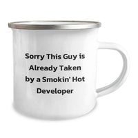 Load image into Gallery viewer, Funny Developer Gifts for Him, Birthday Unique Mugs for Coding Lovers, Sorry 'This Guy Is Already Taken By A Smokin' Hot Developer' Stainless Steel Camping Mug - Image 2