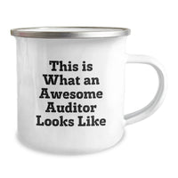 Load image into Gallery viewer, Awesome Auditor Camping Mug, Gifts from Friends, &#39;This Is What An Awesome Auditor Looks Like&#39;, Birthday Unique Gifts for Auditor, 12 oz Stainless Steel Enamel Mug - Image 2
