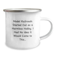 Load image into Gallery viewer, Funny Gifts from Model Railroads Enthusiasts, Model Railroads Camping Mug for Graduation, 'Started Out As A Harmless Hobby' Quote - Image 2