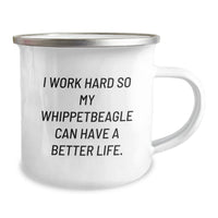 Load image into Gallery viewer, Whippet Dog Lover&#39;s Camping Mug, Funny Gift for Friends, &#39;I Work Hard So My Whippet Can Have A Better Life.&#39;, 12 oz Stainless Steel with Enamel Finish - Image 2
