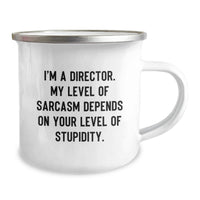 Load image into Gallery viewer, Funny Director Gifts from Friends - Unique Christmas Unique Gifts for Him - Camping Mug for Men with Quote 'I'm A Director. My Level Of Sarcasm Depends On Your Level Of Stupidity.' - Image 2