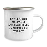 Load image into Gallery viewer, Funny Reporter Gifts for Men, Enamel Camping Mug with I&#39;m A Reporter Level Of Sarcasm Quote, Unique Christmas Unique Gifts for Friends from Family - Image 2
