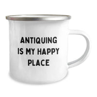 Load image into Gallery viewer, Antiquing Adventures, Camping Memories, and Happy Birthdays - &#39;Antiquing Is My Happy Place&#39; Quote on a 12 oz Stainless Steel Mug - Image 2
