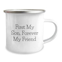 Load image into Gallery viewer, Cute Son Camping Mug for Graduation Unique Gifts from Mom to Son, Funny Quote 'First My Son, Forever My Friend' - 12 oz Stainless Steel with Enamel Finish - Image 2
