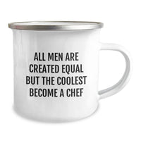 Load image into Gallery viewer, Funny Chef Gifts for Men - &#39;All Men Are Created Equal But The Coolest Become A Chef&#39; Enamel Camping Mug, 12 oz - Graduation Unique Gifts from Friends to Chef - Image 2
