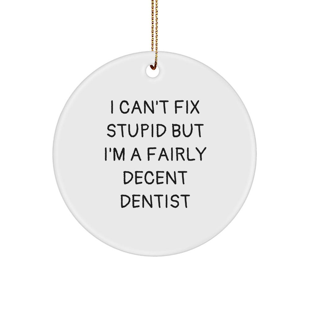 Funny Dentist Gifts for Him, Christmas Unique Circle Ornaments from Friends for Coworkers, 'I Can't Fix Stupid But I'm A Fairly Decent Dentist' Quote - Image 1