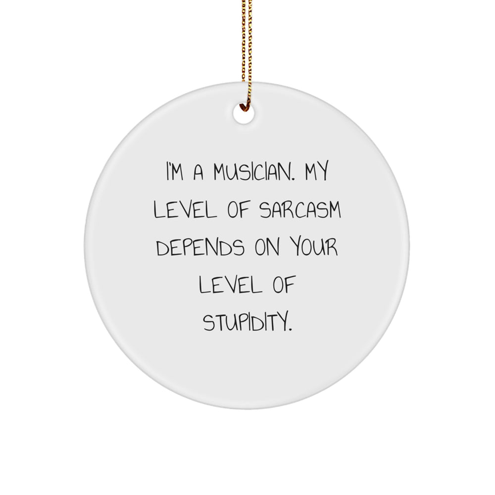 Funny Musician Gifts for Friends, Unique Christmas Decorations, White Circle Ornament, 'I'm A Musician. My Level Of Sarcasm Depends On Your Level Of Stupidity.' - Image 1