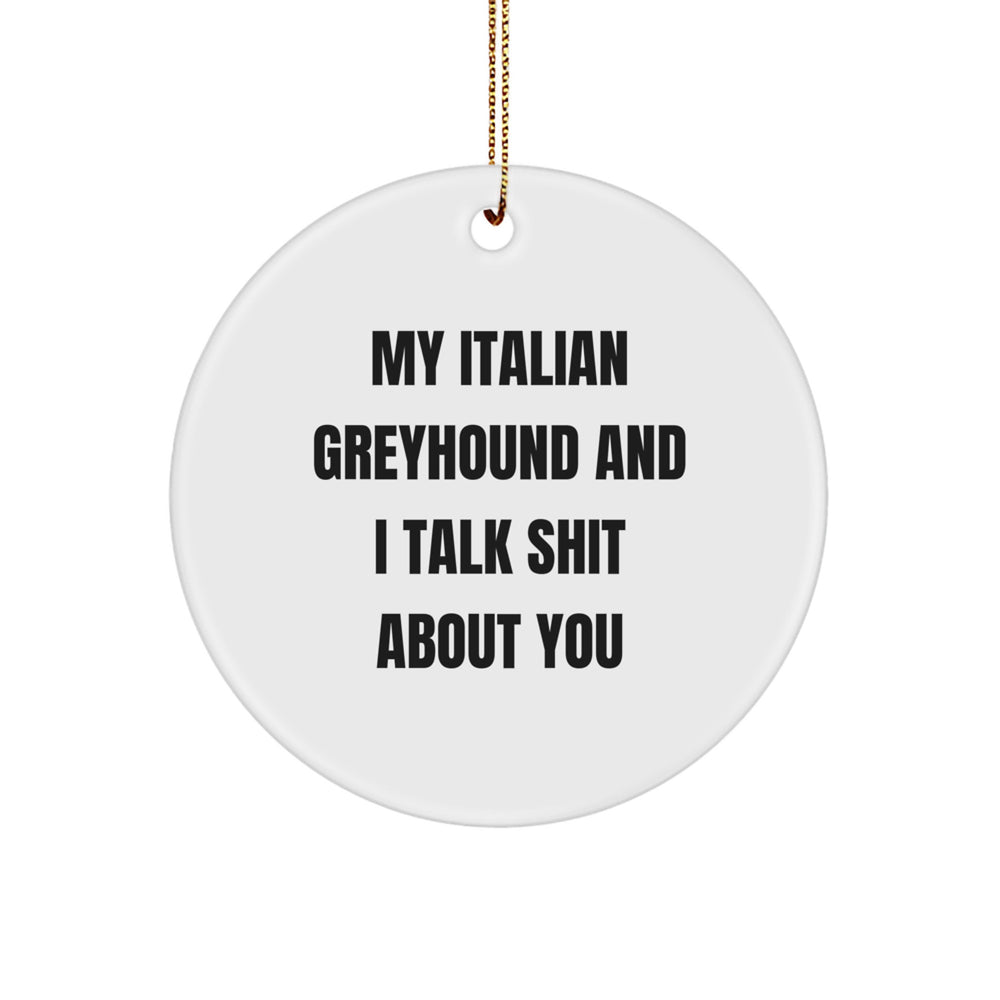 Italian Greyhound Dog Gifts, Funny Circle Ornament for Christmas, 'My Italian Greyhound And I Talk Shit About You' Quote, Gifts from Men to Italian Greyhound Dog Owners, Unique Christmas Unique Gifts - Image 1