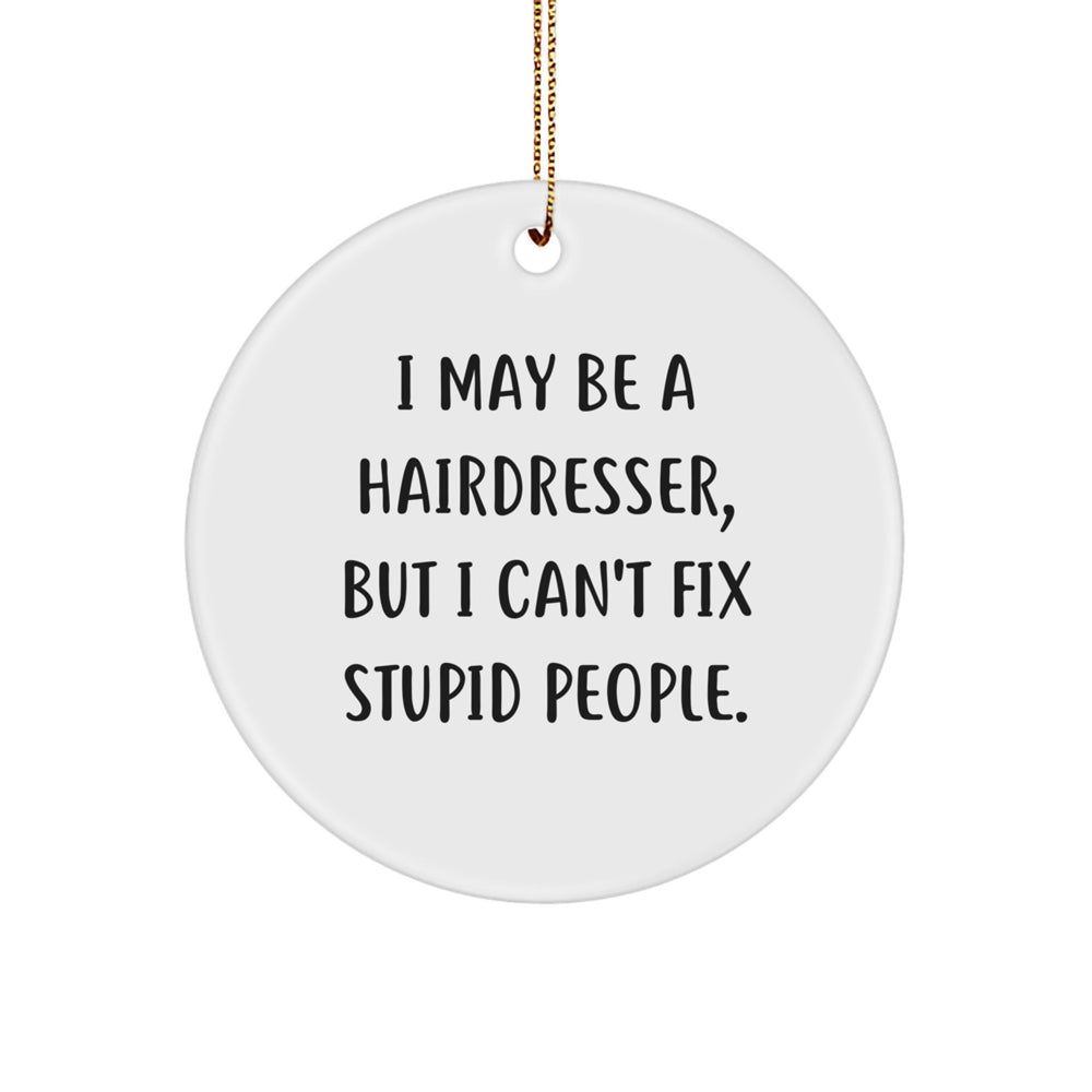 Funny Hairdresser Gifts from Friends for Christmas - Circle Ornament with I May Be A Hairdresser, But I Can't Fix Stupid People. Quote - Image 1