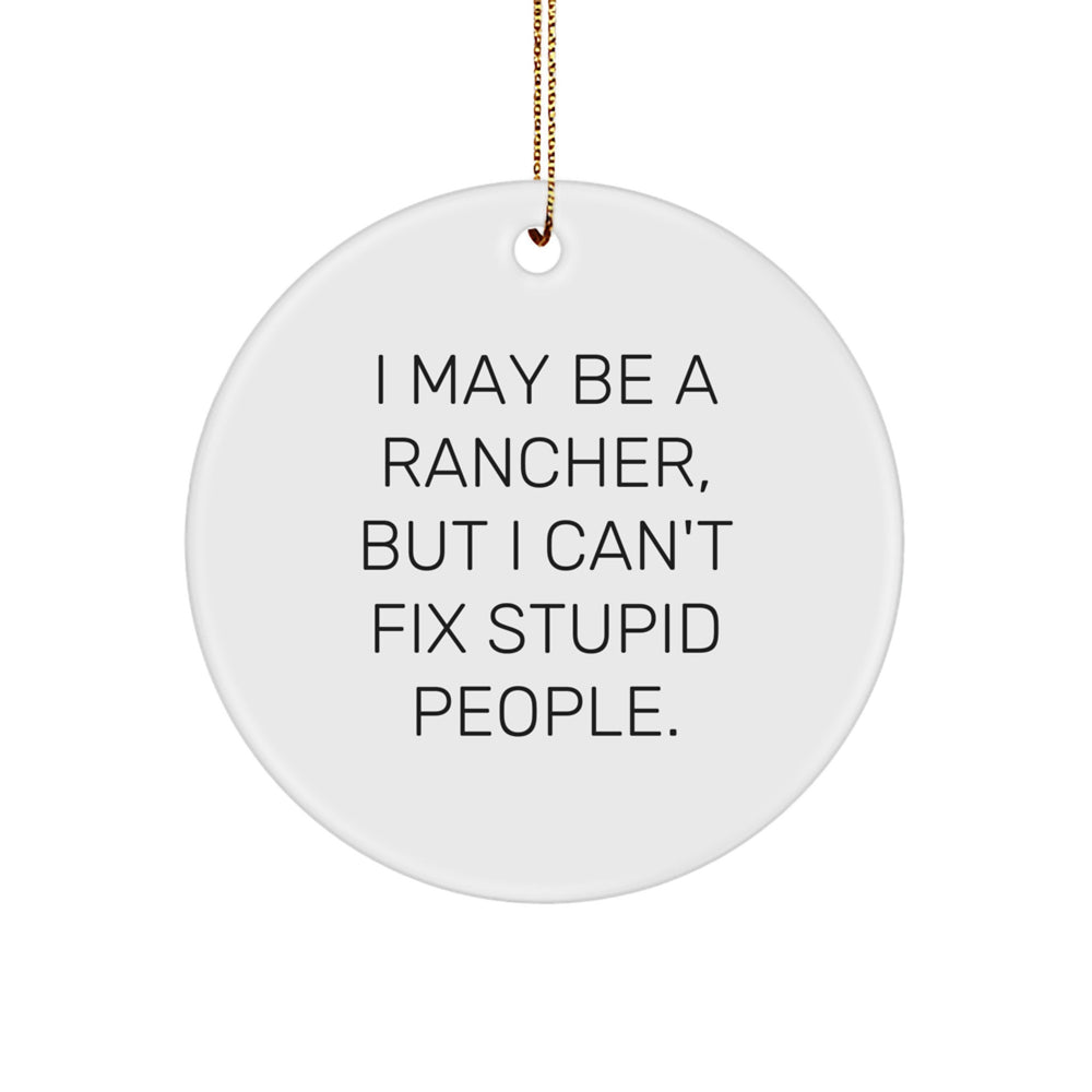 Rancher Gifts, Funny Circle Ornament for Christmas, 'I May Be a Rancher, But I Can't Fix Stupid People.', Gifts from Friends and Family - Image 1