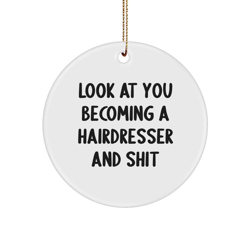 Funny Hairdresser Christmas Unique Gifts for Friends, Circle Ornament with Look At You Becoming A Hairdresser And Shit Quote, Gifts from Men to Hairdresser, Unique Christmas Decorations - Image 1