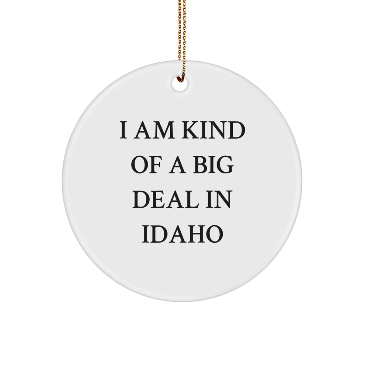 Idaho Unique Gifts for Men and Women - 'I Am Kind Of A Prime Selection In Idaho' Circle Ornament, White, 2.75 inches, MDF, Gold Cord, Perfect for Christmas - Image 1