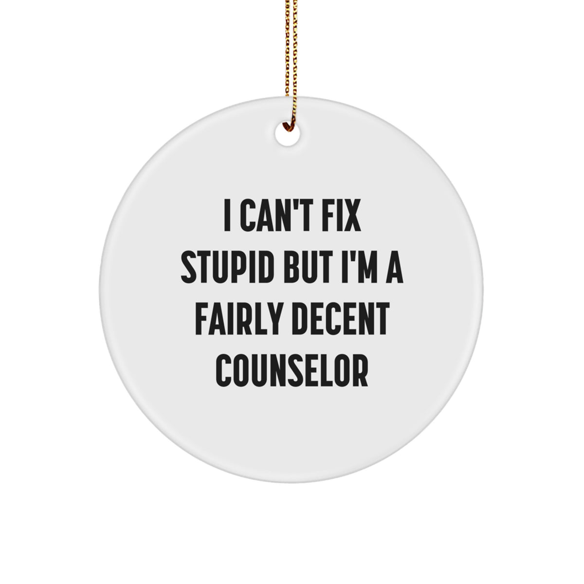 Funny Counselor Christmas Unique Gifts from Friends for Counselor - Circle Ornament with 'I Can't Fix Stupid But I'm A Fairly Decent Counselor' Quote - Image 1