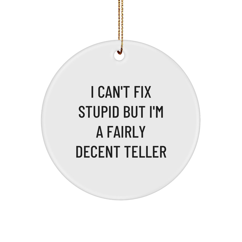 Funny Teller Gifts from Friends - Christmas Circle Ornament with I Can't Fix Stupid But I'm A Fairly Decent Teller Quote, Great for Teller Lovers - Image 1