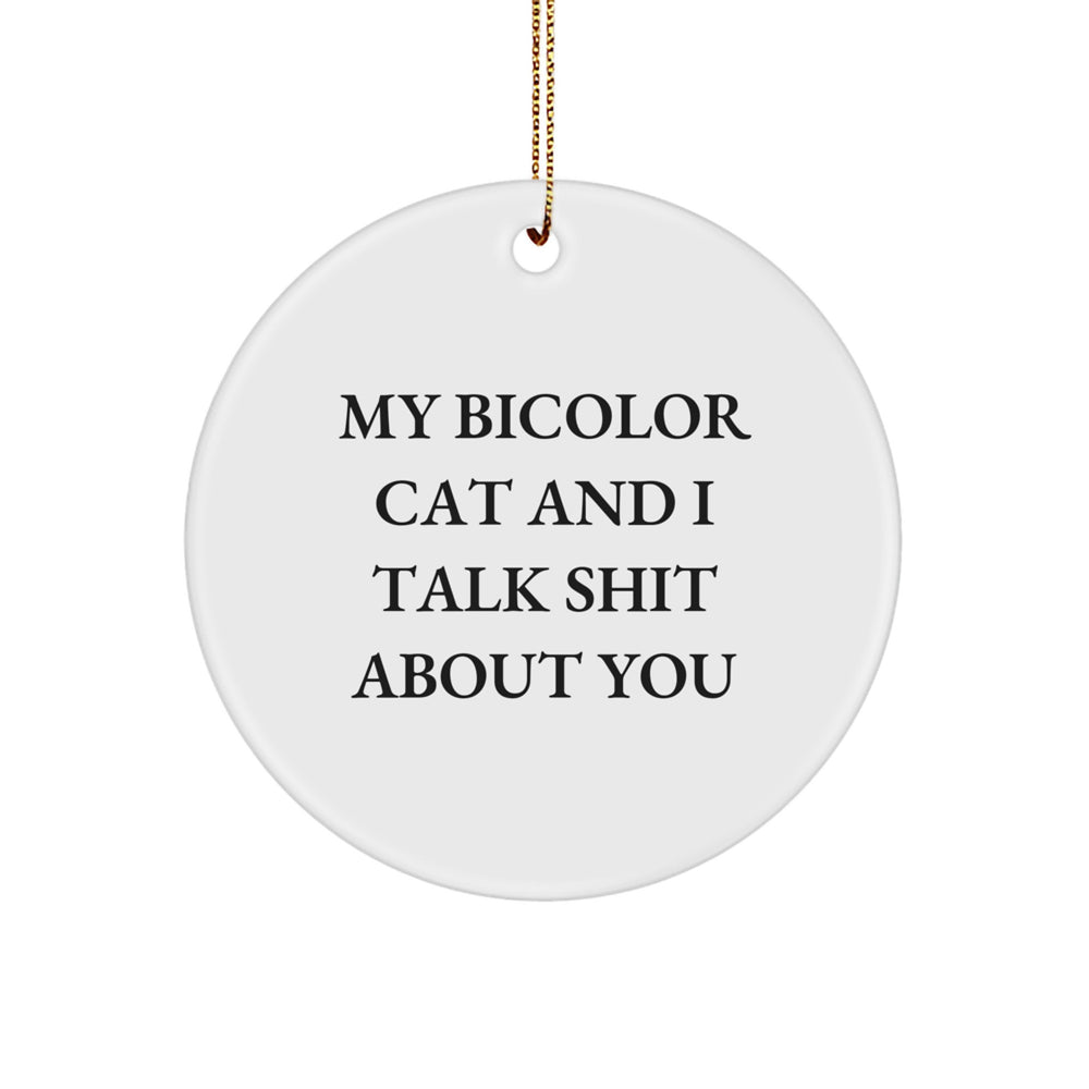 Funny Bicolor Cat Gifts for Friends and Family - Circle Ornament with 'My Bicolor Cat And I Talk Shit About You' Quote - Christmas Unique Gifts from Friends - Image 1