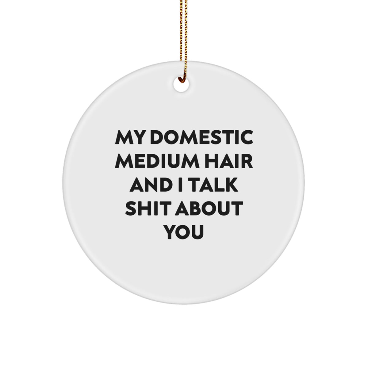 Funny Circle Ornament for Domestic Medium Hair, Gifts from Men to Family, 'My Domestic Medium Hair And I Talk Shit About You' Quote, Circle Shaped, White, MDF, Sublimation, Christmas Unique Gifts - Image 1